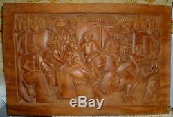 Vintage AFRICAN Tribal Relief Carved WOOD Panel Wall Art Story Board Carving