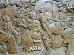 Vintage AFRICAN Tribal Relief Carved WOOD Panel Wall Art Story Board Carving