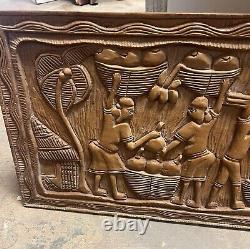 Vintage African Storyboard Carved Wood Panel Tribal Folk Art Large 42 Long