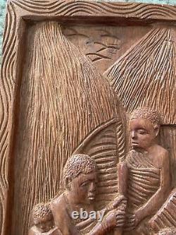 Vintage African Tribal Relief Hand Carved Wood Panel Wall Art Storyboard