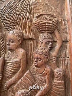 Vintage African Tribal Relief Hand Carved Wood Panel Wall Art Storyboard