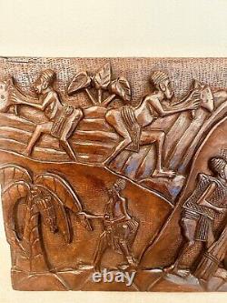 Vintage African Tribal Wood Carved Story Board Relief Panel