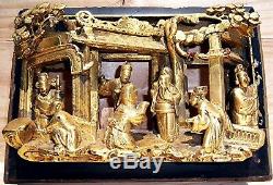 Vintage Antique Asian Chinese Deeply Carved Art Gilt Gold Wood Panel Carving