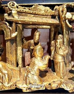 Vintage Antique Asian Chinese Deeply Carved Art Gilt Gold Wood Panel Carving