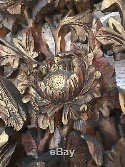 Vintage Antique Chinese Deep Relief Carved Wood Panel Gold Gilt Birds Flowers
