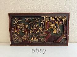 Vintage Antique Chinese Framed Carved Wood Panel with Gilded & Painted Figures