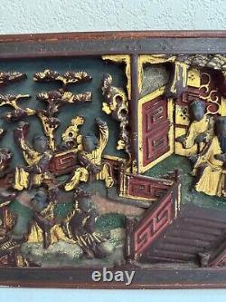 Vintage Antique Chinese Framed Carved Wood Panel with Gilded & Painted Figures