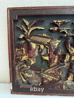 Vintage Antique Chinese Framed Carved Wood Panel with Gilded & Painted Figures