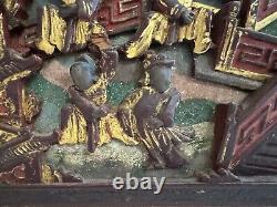 Vintage Antique Chinese Framed Carved Wood Panel with Gilded & Painted Figures