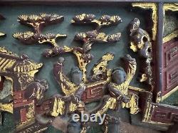 Vintage Antique Chinese Framed Carved Wood Panel with Gilded & Painted Figures