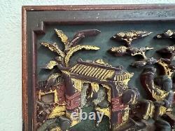 Vintage Antique Chinese Framed Carved Wood Panel with Gilded & Painted Figures