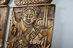 Vintage Antique Hand Carved Wood Wall Plaque Panel Pair Tribal African Pediment