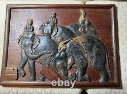 Vintage Asian Carved Wood Panel Relief Elephants With Riders 24 Inches Wide