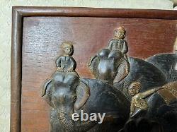 Vintage Asian Carved Wood Panel Relief Elephants With Riders 24 Inches Wide