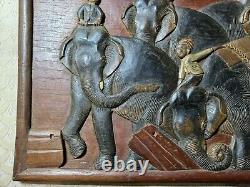 Vintage Asian Carved Wood Panel Relief Elephants With Riders 24 Inches Wide