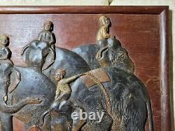 Vintage Asian Carved Wood Panel Relief Elephants With Riders 24 Inches Wide