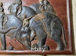 Vintage Asian Carved Wood Panel Relief Elephants With Riders 24 Inches Wide