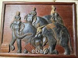 Vintage Asian Carved Wood Panel Relief Elephants With Riders 24 Inches Wide