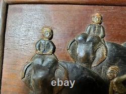 Vintage Asian Carved Wood Panel Relief Elephants With Riders 24 Inches Wide