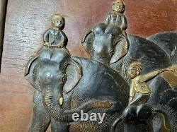 Vintage Asian Carved Wood Panel Relief Elephants With Riders 24 Inches Wide