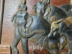 Vintage Asian Carved Wood Panel Relief Elephants With Riders 24 Inches Wide