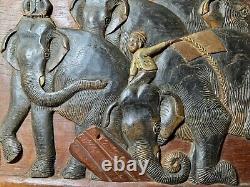 Vintage Asian Carved Wood Panel Relief Elephants With Riders 24 Inches Wide