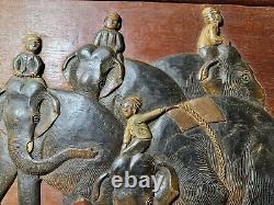 Vintage Asian Carved Wood Panel Relief Elephants With Riders 24 Inches Wide