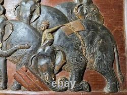 Vintage Asian Carved Wood Panel Relief Elephants With Riders 24 Inches Wide