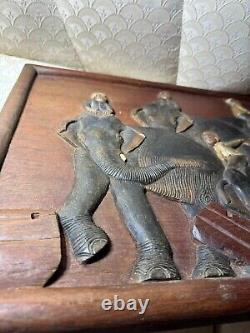 Vintage Asian Carved Wood Panel Relief Elephants With Riders 24 Inches Wide