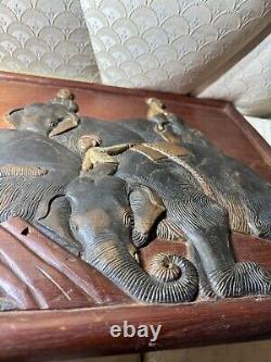 Vintage Asian Carved Wood Panel Relief Elephants With Riders 24 Inches Wide