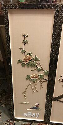 Vintage Asian Carved Wood Wall Art Panels Set Of 3 Birds Flowers 36x12