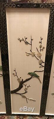 Vintage Asian Carved Wood Wall Art Panels Set Of 3 Birds Flowers 36x12