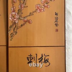 Vintage Asian Carved Wood Wall Art Panels Set Of 4 Birds Flowers 14.5 X 5.5