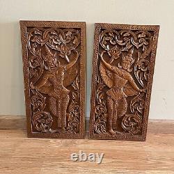 Vintage Asian Thai Thailand Hand Carved Dancer Wood Teak Wall Panels Set Of 2