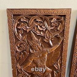 Vintage Asian Thai Thailand Hand Carved Dancer Wood Teak Wall Panels Set Of 2