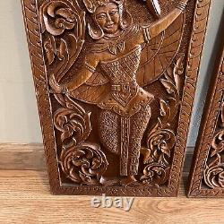 Vintage Asian Thai Thailand Hand Carved Dancer Wood Teak Wall Panels Set Of 2