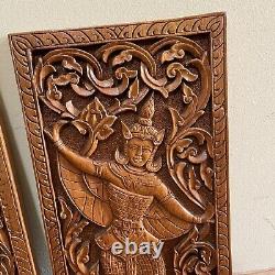 Vintage Asian Thai Thailand Hand Carved Dancer Wood Teak Wall Panels Set Of 2