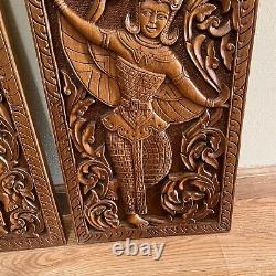 Vintage Asian Thai Thailand Hand Carved Dancer Wood Teak Wall Panels Set Of 2
