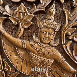 Vintage Asian Thai Thailand Hand Carved Dancer Wood Teak Wall Panels Set Of 2