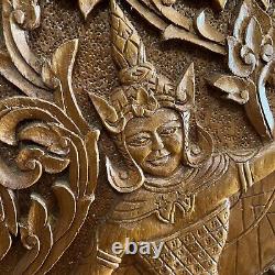 Vintage Asian Thai Thailand Hand Carved Dancer Wood Teak Wall Panels Set Of 2