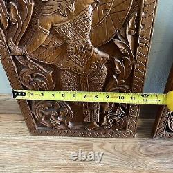 Vintage Asian Thai Thailand Hand Carved Dancer Wood Teak Wall Panels Set Of 2