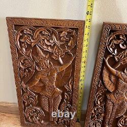 Vintage Asian Thai Thailand Hand Carved Dancer Wood Teak Wall Panels Set Of 2