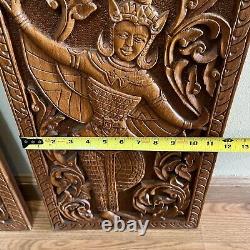 Vintage Asian Thai Thailand Hand Carved Dancer Wood Teak Wall Panels Set Of 2