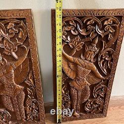 Vintage Asian Thai Thailand Hand Carved Dancer Wood Teak Wall Panels Set Of 2