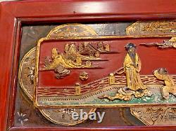 Vintage Asian furniture panel. Carved, Gilded, Painted. 9x20