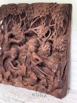 Vintage Balinese Bali Wooden Hand Carved High Relief 3D Wall Art Panel Wood #780