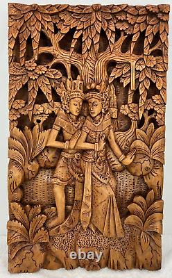 Vintage Balinese Carved Wood Sculpture Wall Panel Rama & Sita