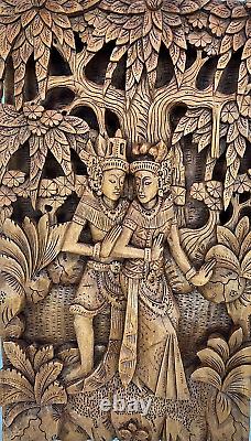 Vintage Balinese Carved Wood Sculpture Wall Panel Rama & Sita