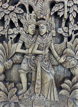 Vintage Balinese Carved Wood Sculpture Wall Panel Rama & Sita
