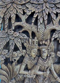 Vintage Balinese Carved Wood Sculpture Wall Panel Rama & Sita